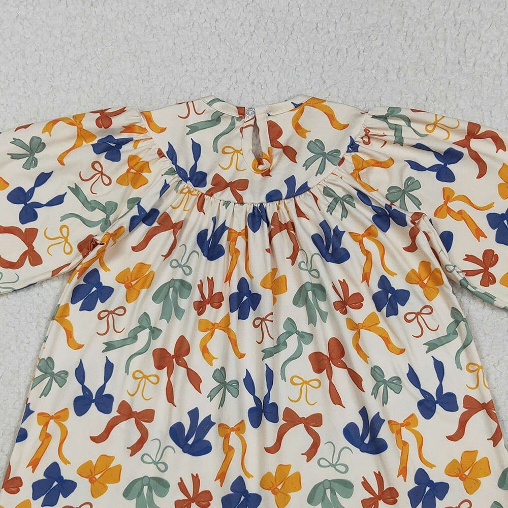 RTS NO MOQ （In stock）GLD1086 Baby Girls Winter Dress Smocked Embroidery Baby Girls Thanksgiving Thankful Colorful Bows Knee Length Dresses