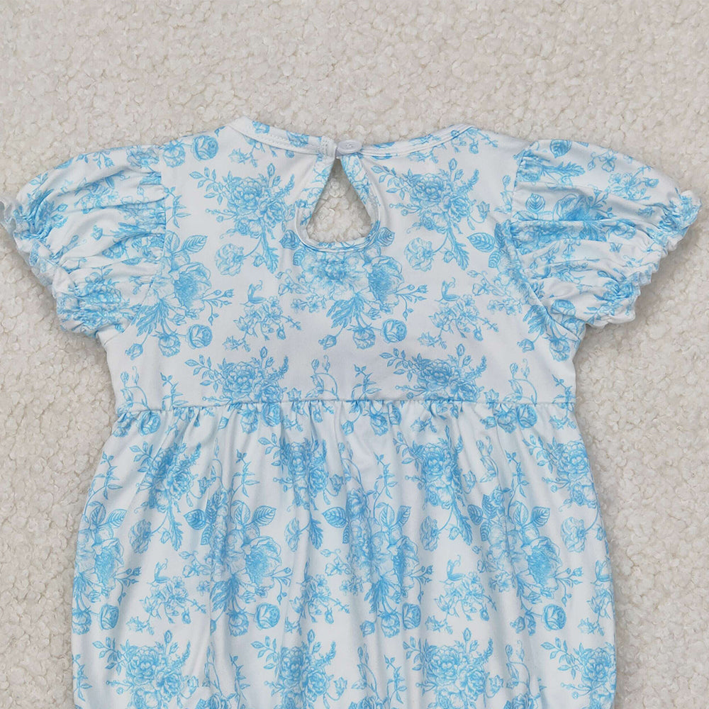 4.14 SR2784 RTS NO MOQ Short sleeves light blue floral bow baby girls summer romper
