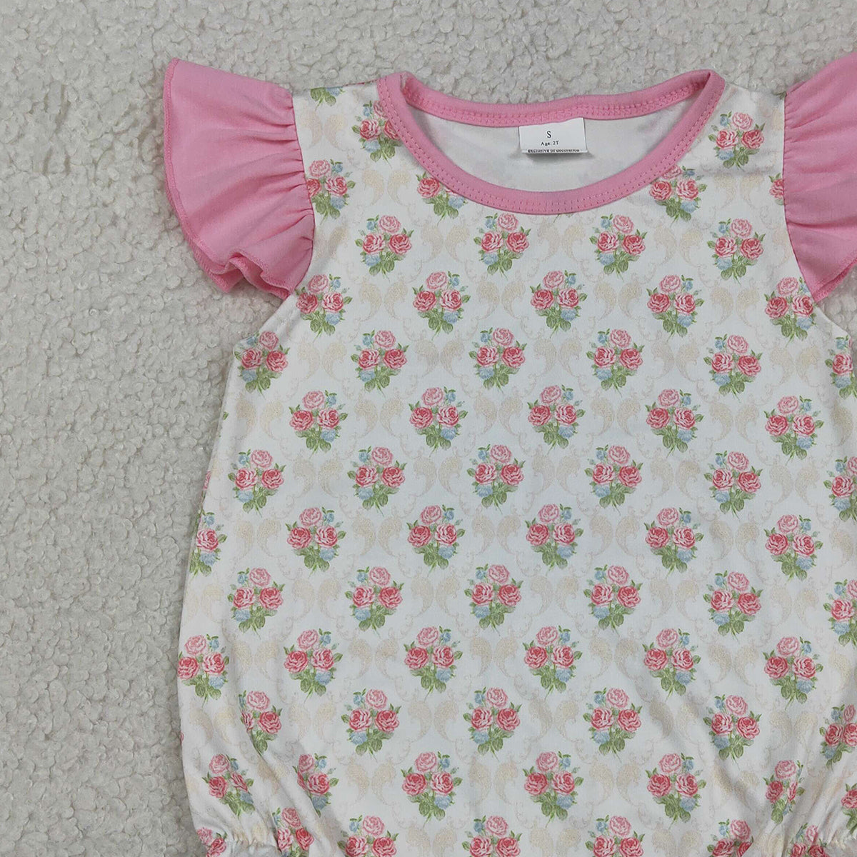 3.13 RTS NO MOQ （In stock）SR3677 Children's Fashion Romper Baby Girls Pink Flutter Sleeve Flowers Checked Ruffle Rompers