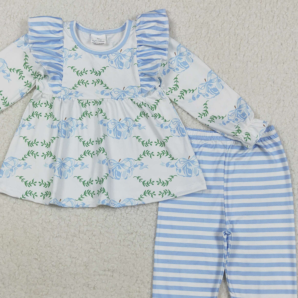 RTS NO MOQ （In stock）GLP1548 Baby Girls Winter Outfits Baby Girls Pumpkins Bows Tunic Top Stripes Pants Fall Clothes Sets