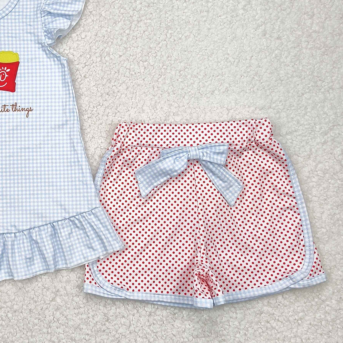 6.21 GSSO2274 RTS NO MOQ Baby Girls Summer Outfits Baby Girls Favorite Thing Tunic Bow Shorts Clothes Sets