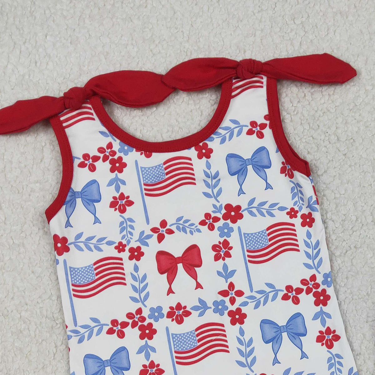 3.10 RTS NO MOQ （In stock）GSSO3094 Kids Clothing for Girls Baby Girls 4th of July Red Blue Flowers Flags Top Pockets Short Clothes Sets