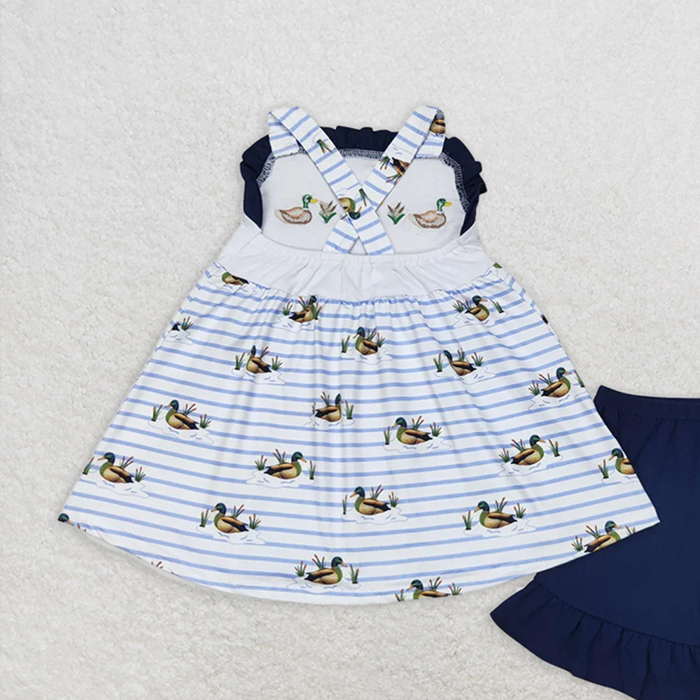 GSSO1189RTS NO MOQ Baby Girls Summer Outfits Duck stripe tunic navy shorts girls summer outfits