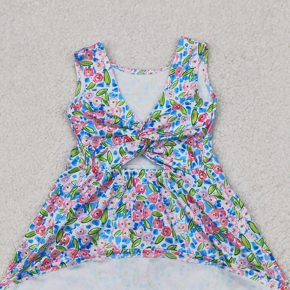 4.14 GSD1990 RTS NO MOQ Baby Girls Summer Yoga Dress  Sleeveless blue floral kids girls athletic dresses
