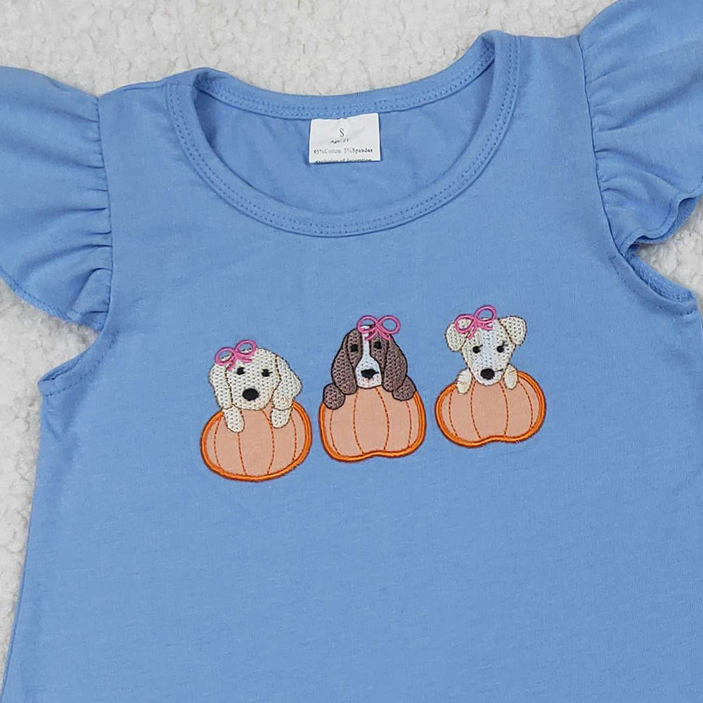 RTS NO MOQ （In stock）GSSO2700  Baby Girls Summer Outfits Embroidery Dogs Pumpkins Tunic Ruffle Shorts Clothes Sets