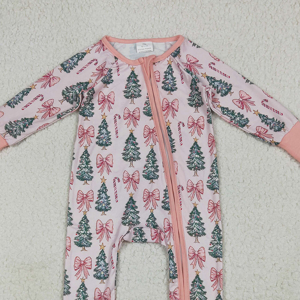 8.14 RTS NO MOQ （In stock） LR2283 Baby Girls Winter Rompers Baby Girls Long Sleeves Pink Bows Trees Zipper Pant Rompers