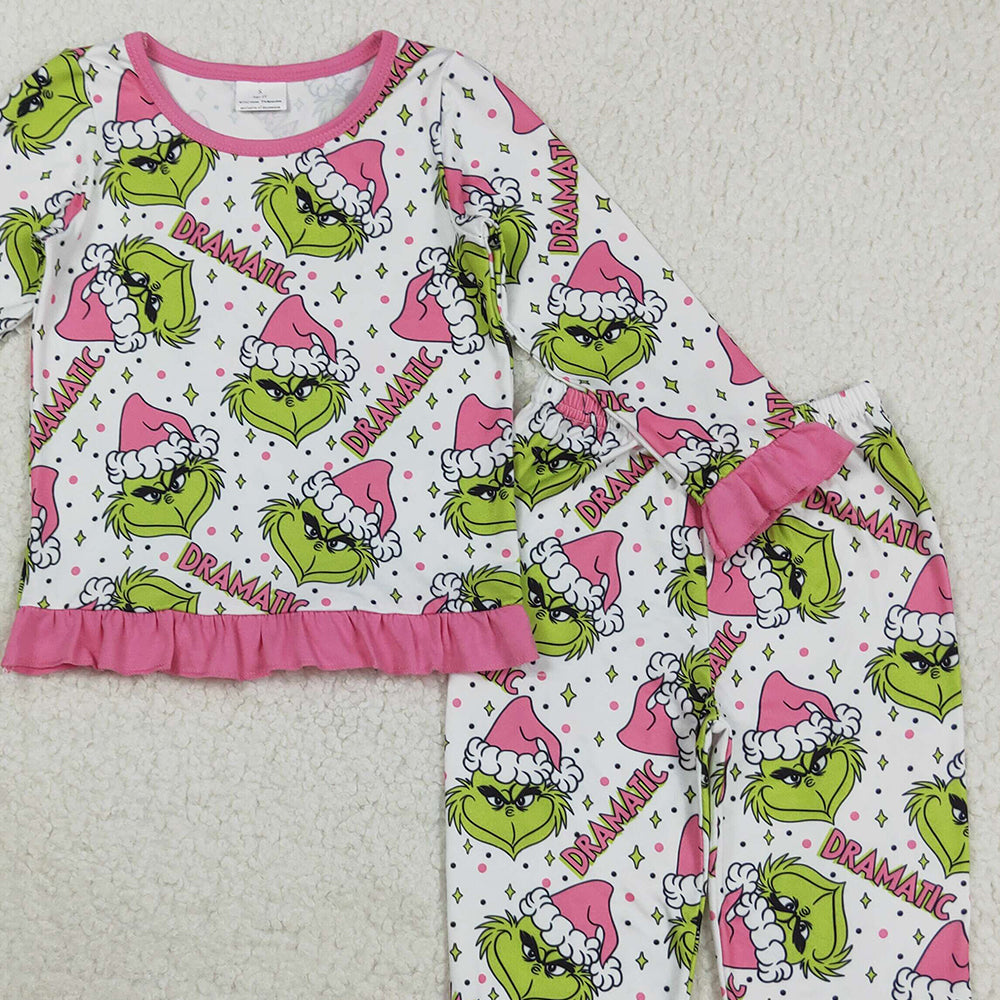 RTS NO MOQ （In stock）GLP2645 Baby Girls Winter Outfits Baby Girls Green Face Stars Plaid Top Pant Christmas Pajamas Set