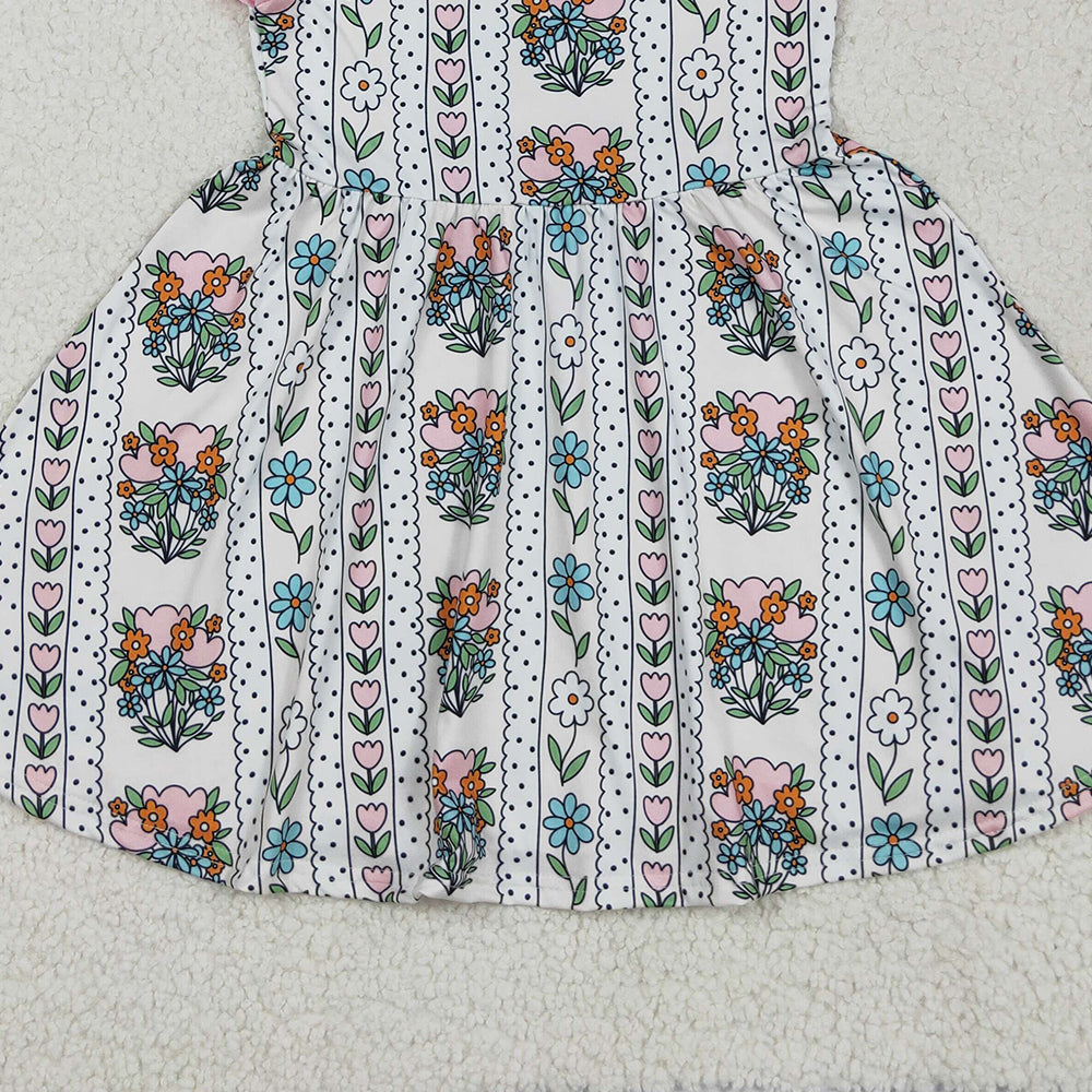 GSD2527 RTS NO MOQ Baby Girls Summer Dress Baby Girls Pink Flutter Sleeves Floral Stripe Knee Length Dress