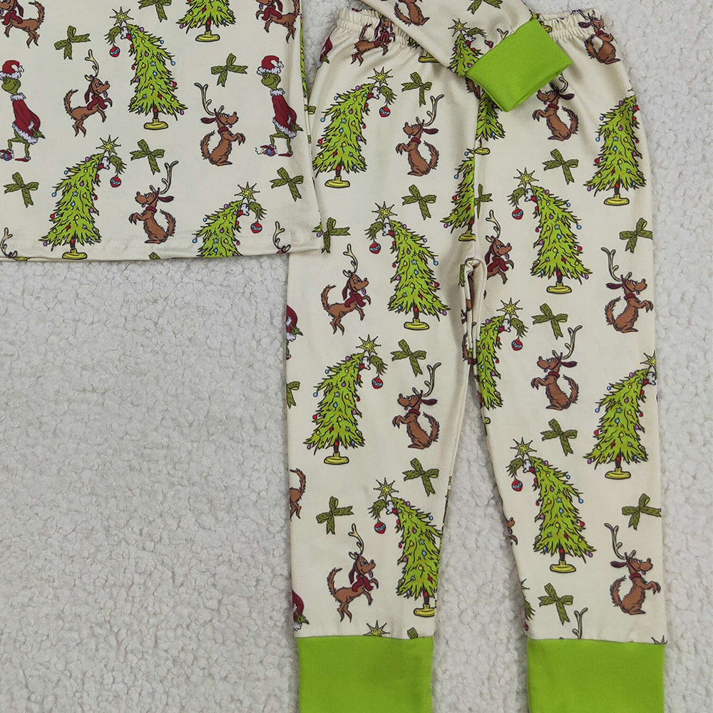 RTS NO MOQ （In stock）GLP2627 Baby Girls Winter Outfits Baby Boys Long Sleeves Christmas Trees Dogs Top Pant Pajamas Set