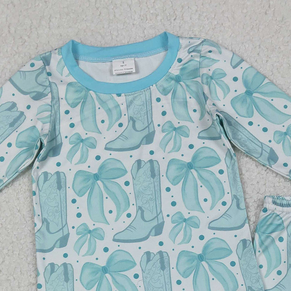 12.11 RTS NO MOQ （In stock）GLP2732 Baby Girls Light Blue Bows Boots Top Pant Western Pajamas Set
