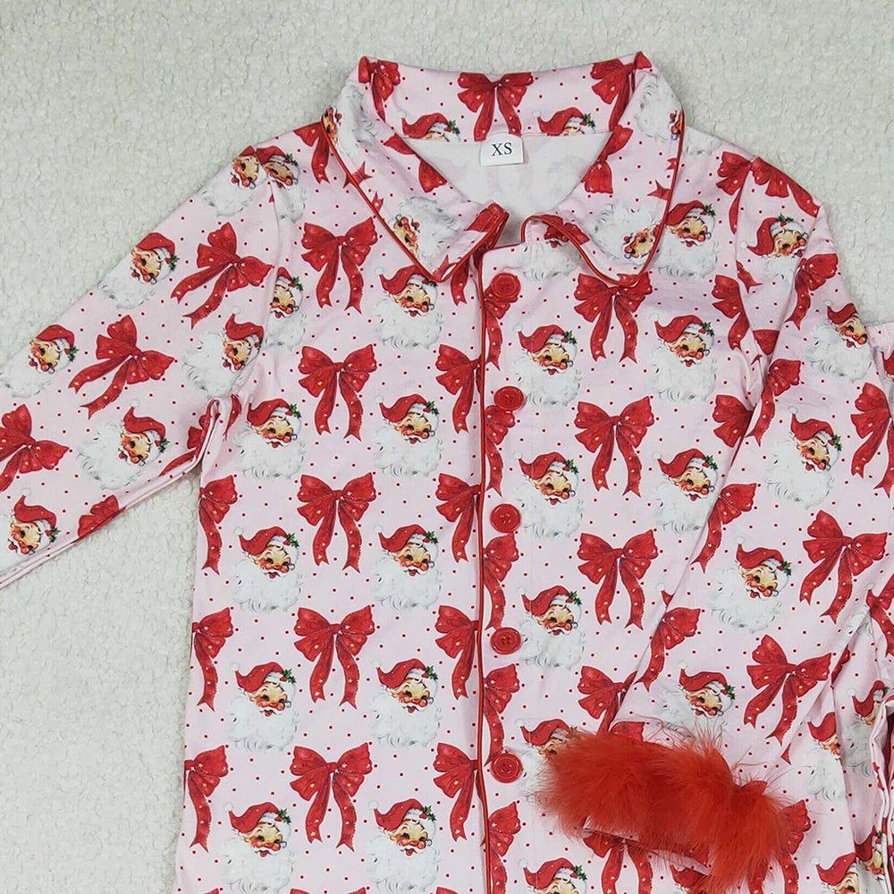 RTS NO MOQ （In stock）GLP2715 Adult women's pajamas set Red Bows Santa Button Top Pants Christmas Fur Pajamas Sets