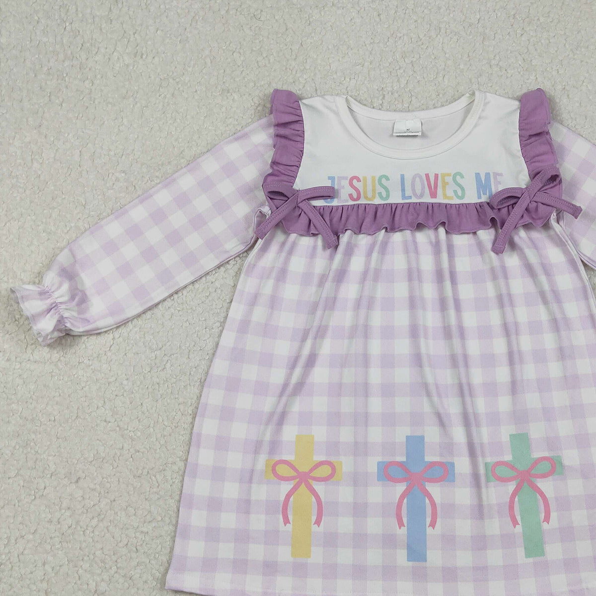 10.27 RTS NO MOQ （In stock）GLD1356 Baby Girls Winter Dress Baby Girls Lavender Checked Jesus Love Me Cross Knee Length Dresses