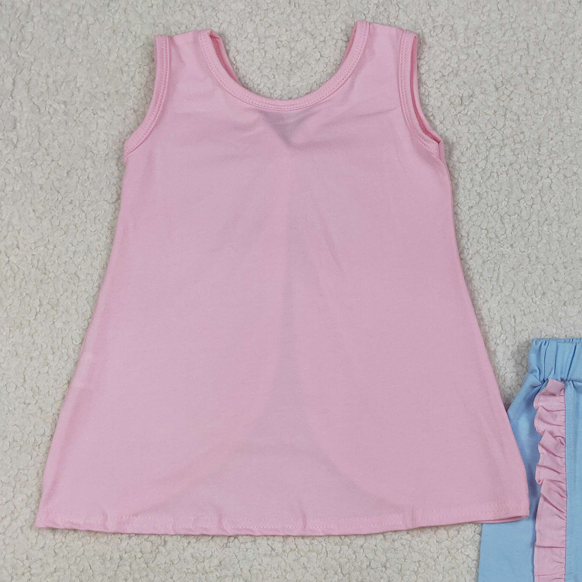 4.1 RTS NO MOQ （In stock）GSSO3462 Sleeveless bow pink tunic light blue shorts girls summer outfits
