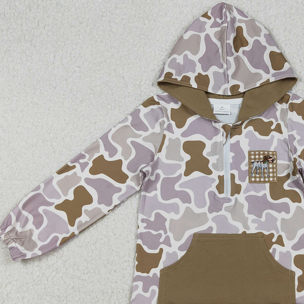 10.10 RTS NO MOQ （In stock）BT1302 Embroidery Dog Duck Baby Boys Camo Pocket Zipper Hunting Hoodies Top