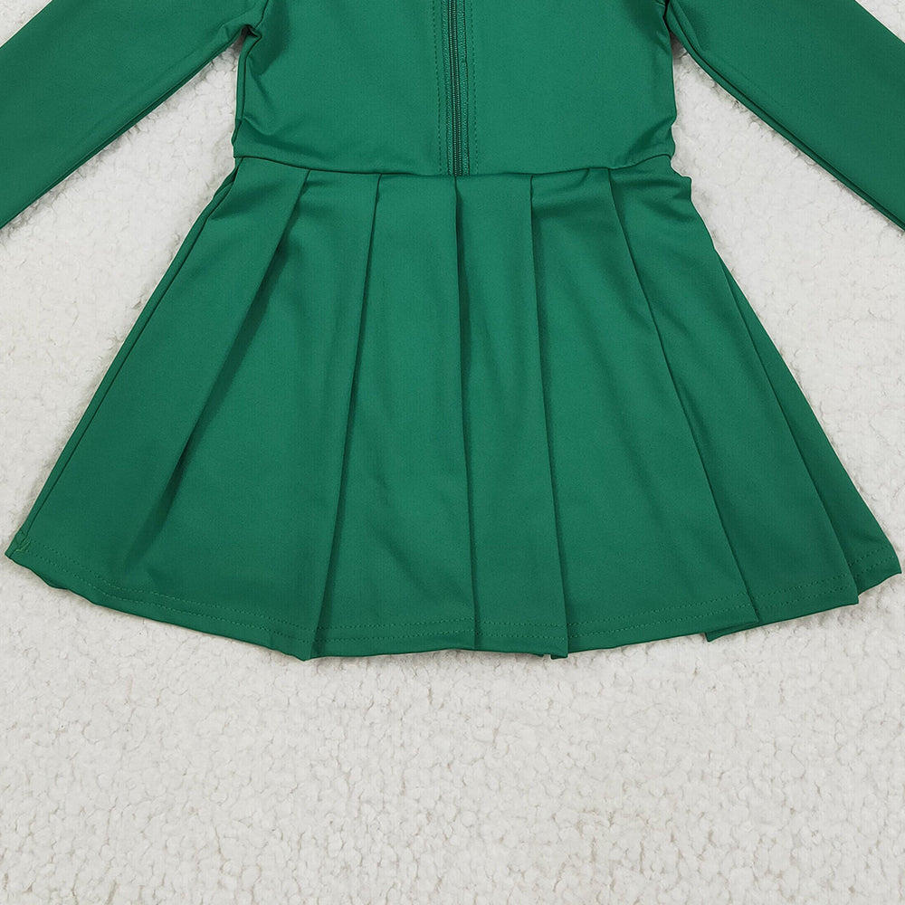 RTS NO MOQ （In stock）GLD1148 Baby Girls Yoga Dress Baby Girls Green Long Sleeves Zipper Yoga Athletic Knee Length Dresses
