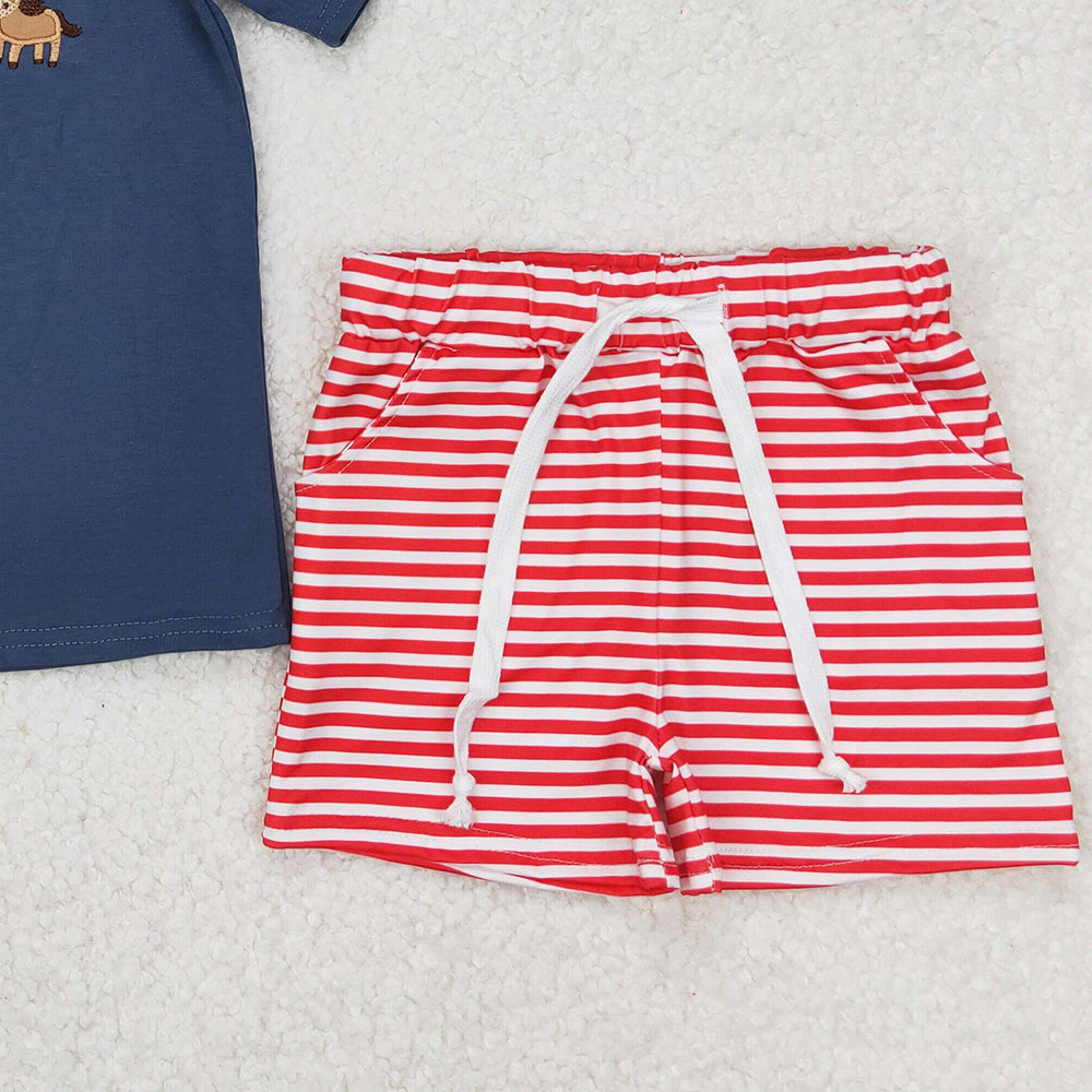 4.24 BSSO1295  RTS NO MOQ Cow pig horse top stripe shorts kids boys clothes