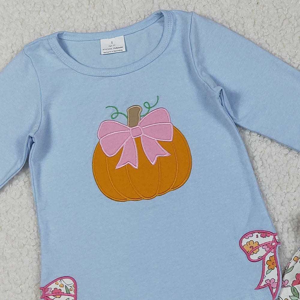 RTS NO MOQ （In stock）GLD1172 Baby Girls Skirt Sets Blue Long Sleeves Bows Pumpkin Top with Flowers Skorts Children's Outfit Set