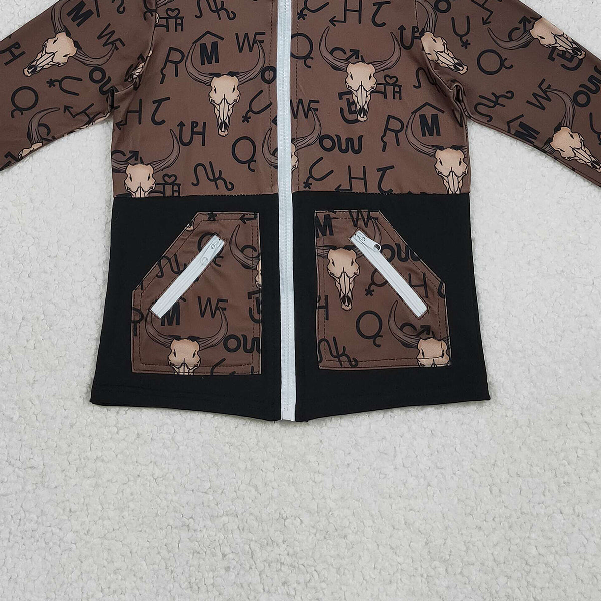 11.12 RTS NO MOQ （In stock）BT1337 Baby Boys Brown Bull Skulls Pocket Zipper Western Hoodies Jackets Top