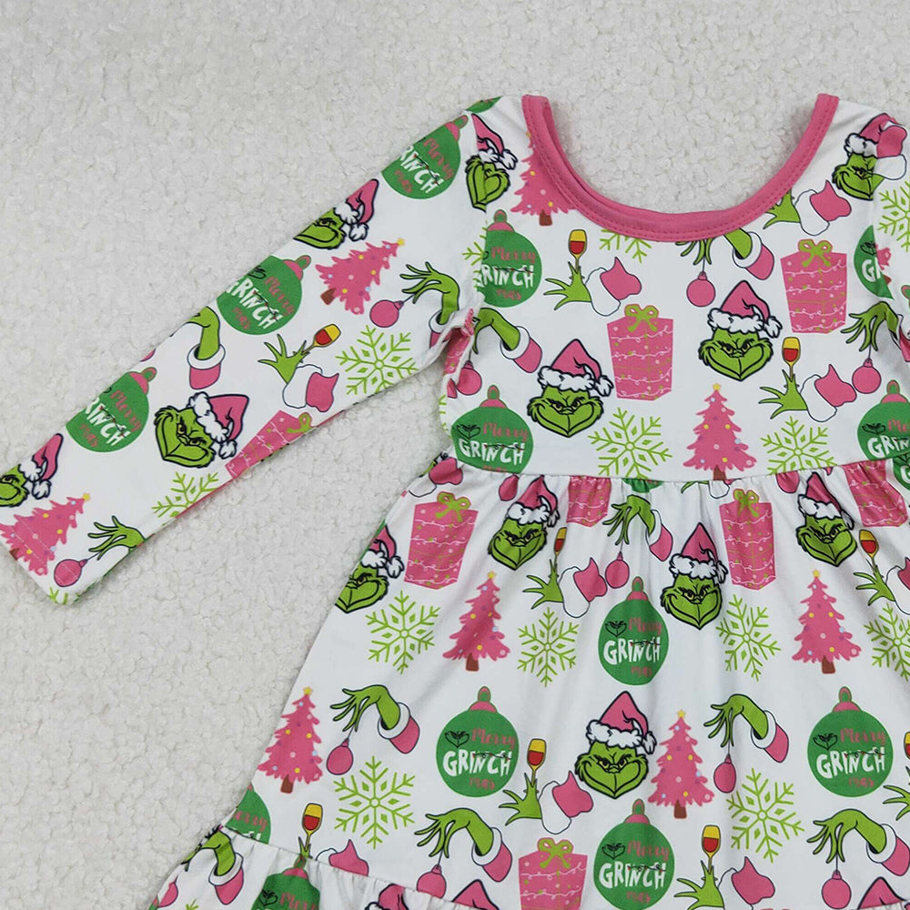 RTS NO MOQ （In stock）GLD1277 Baby Girls Winter Dress Green Face Gifts Christmas Ruffle Knee Length Dresses