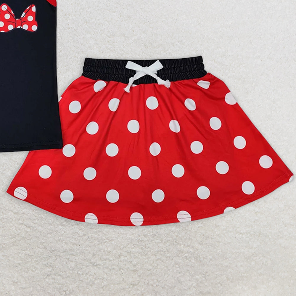 GSD2069RTS NO MOQ Baby Girls Skirt Sets Girls Black Polka Dot Sleeveless Bow Top Skirt Set Cute Casual Outfit for Kids