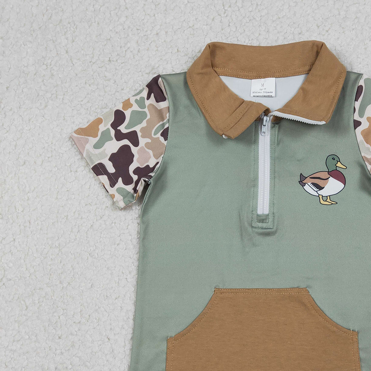 12.25 RTS NO MOQ （In stock）BT1530 Baby Boys Southern Camo Short Sleeve Ducks Zip Pockets Hunting Pullovers Top
