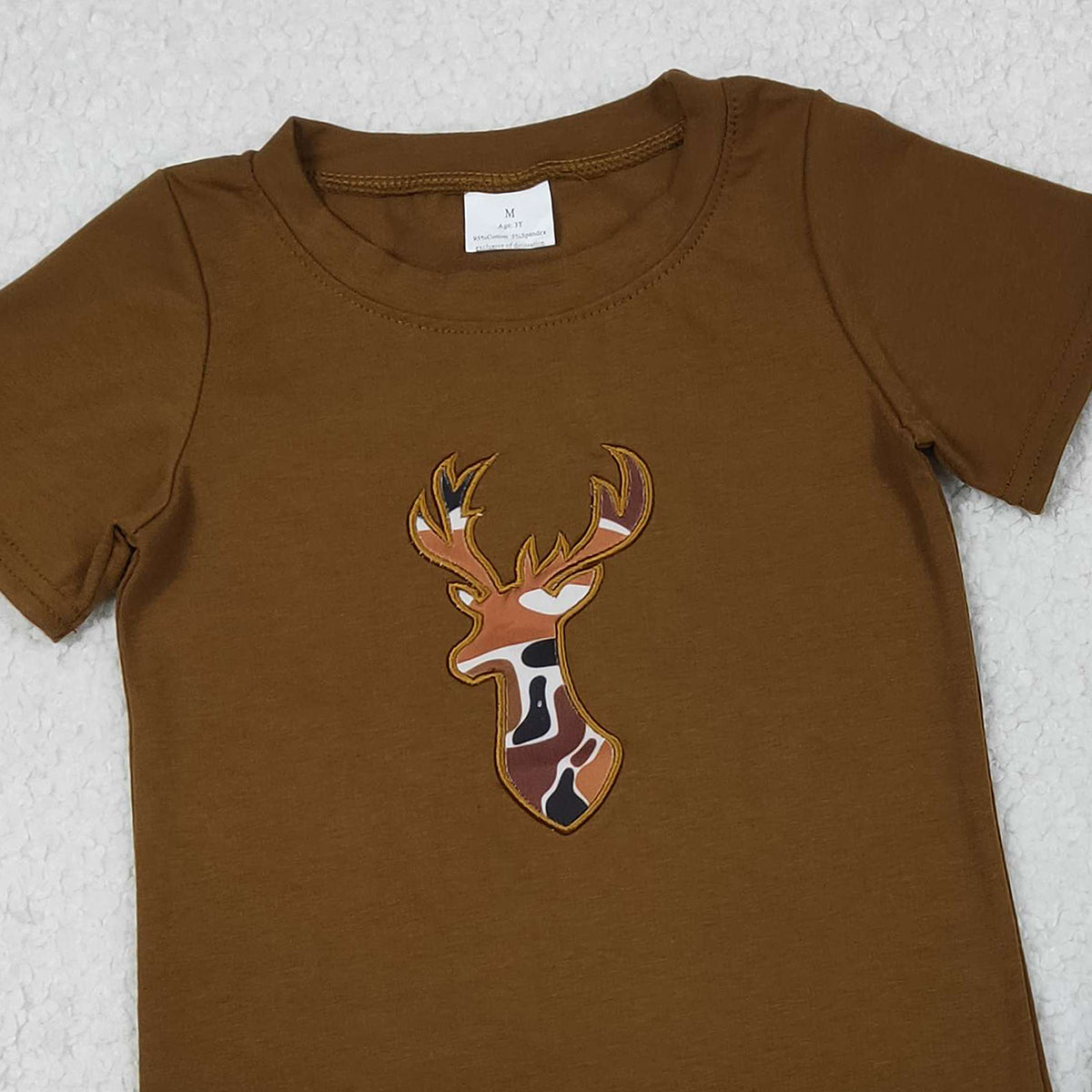 12.2 RTS NO MOQ （In stock）BSSO1575 Embroidery Camo Deer Baby Boys Brown Top Shorts Hunting Clothes Sets