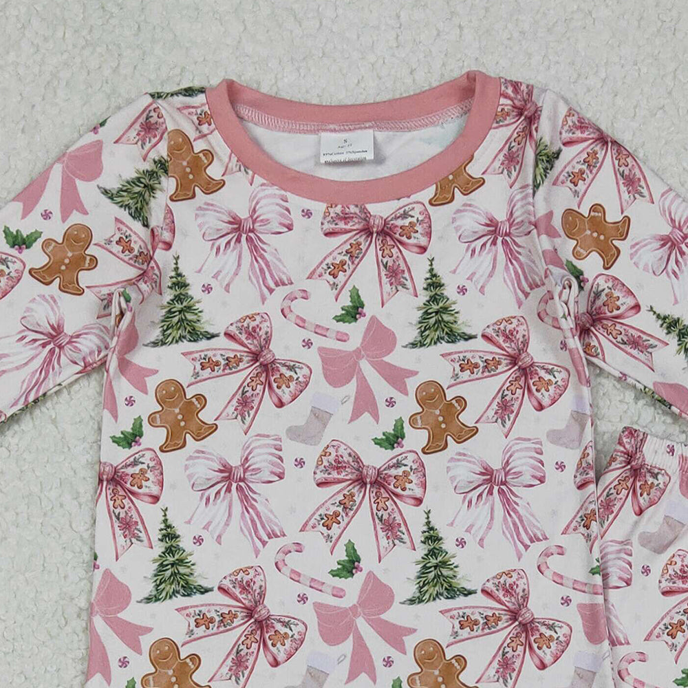 RTS NO MOQ （In stock）GLP2542 Baby Girls Winter Outfits Pink Christmas Trees Gingerbread Top Pants Pajamas Sets