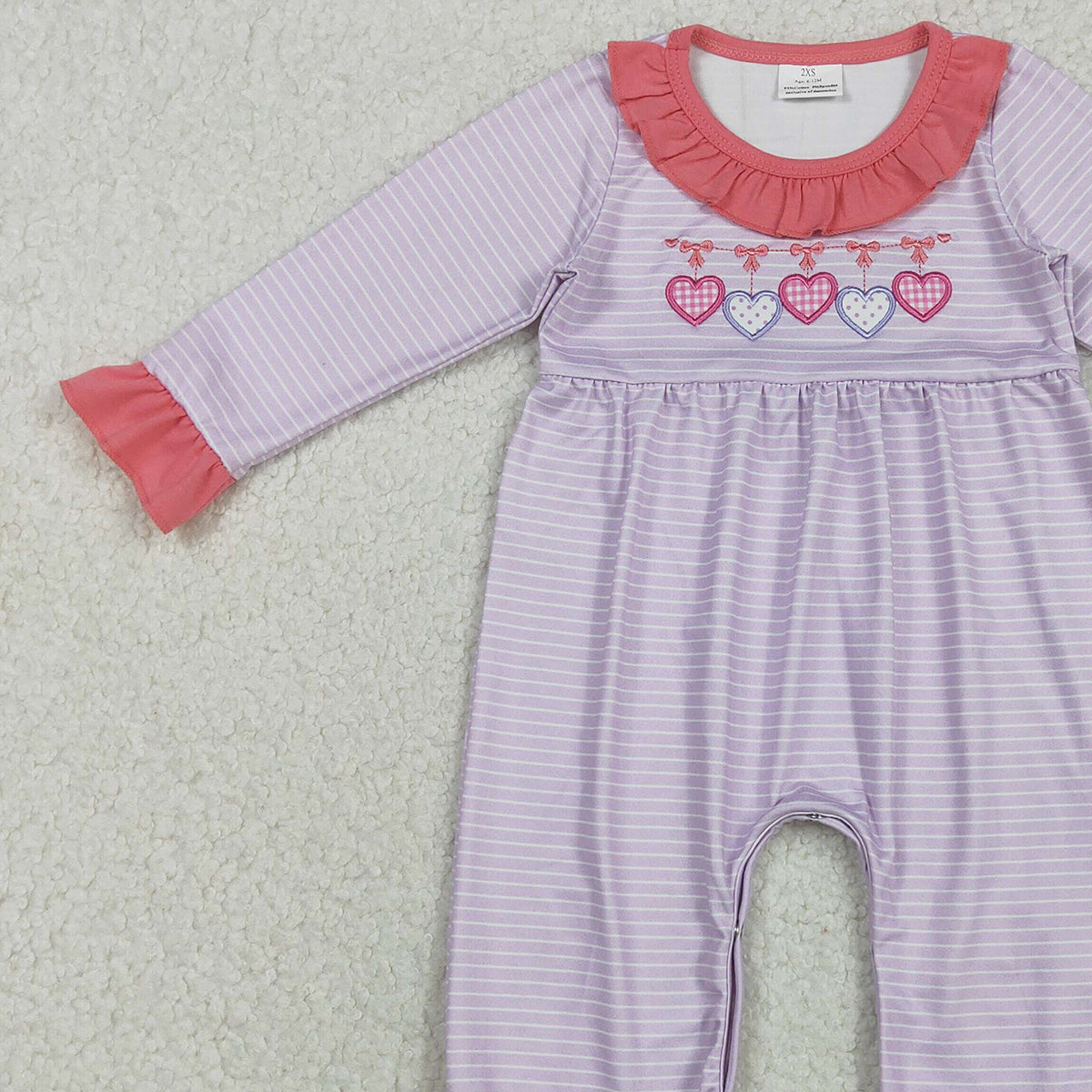 11.14 RTS NO MOQ （In stock）LR2706 Baby Girls Winter Rompers Embroidery Bows Hearts Baby Girls Pink Stripe Valentine Ruffle Collar Rompers