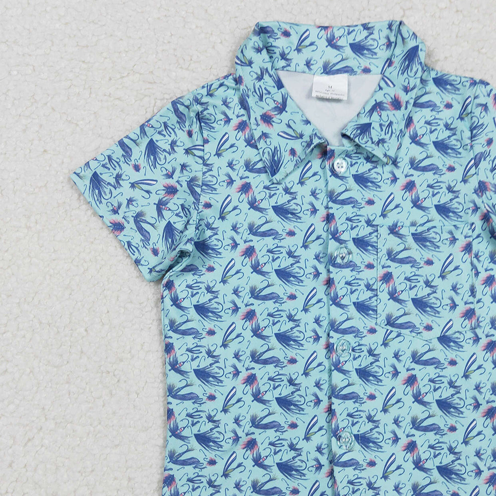 RTS NO MOQ （In stock）BT1296 Baby Boys Summer Tops Short Sleeves Blue Flowers Button Shirts Top