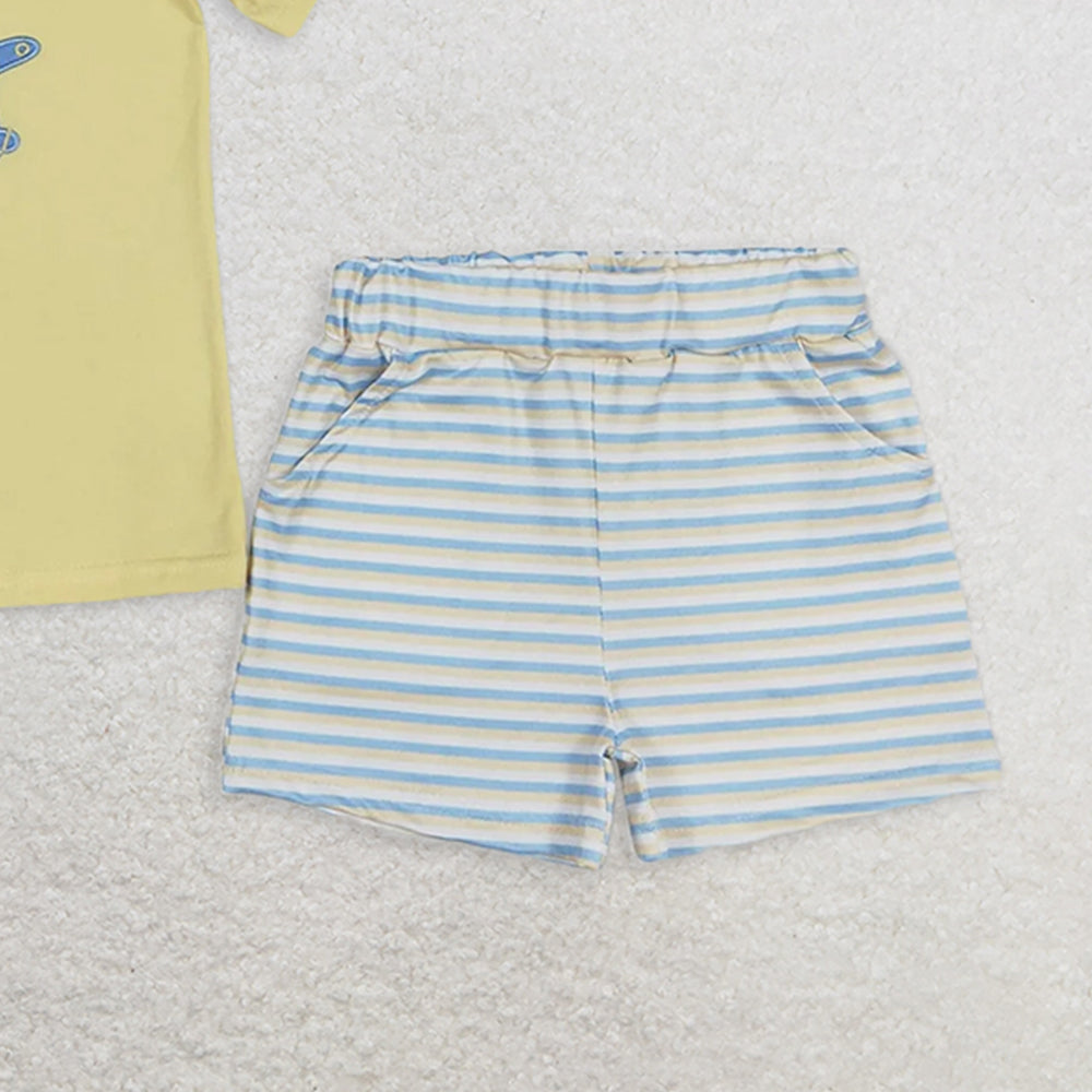 BSSO0696 RTS NO MOQ Baby Boys Summer Boys Outfits  Baby Boys Planes Short Sleeve Tee Shirts Stripes Shorts Clothes Sets
