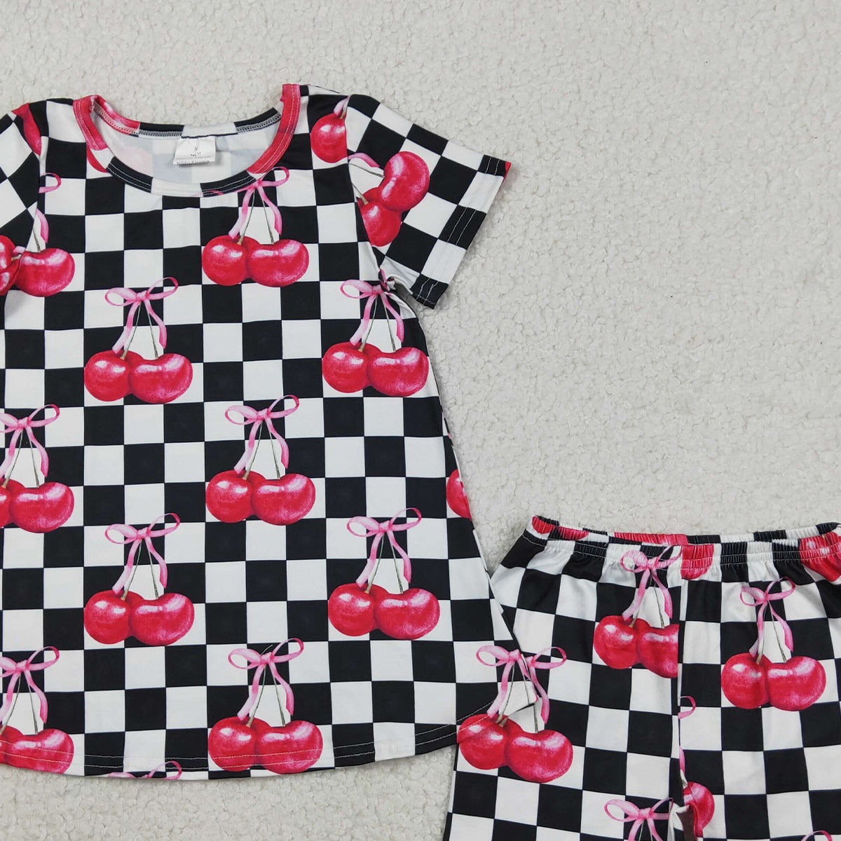 GSSO3075 RTS NO MOQ （In stock Short sleeves black plaid cherry top shorts girls outfits