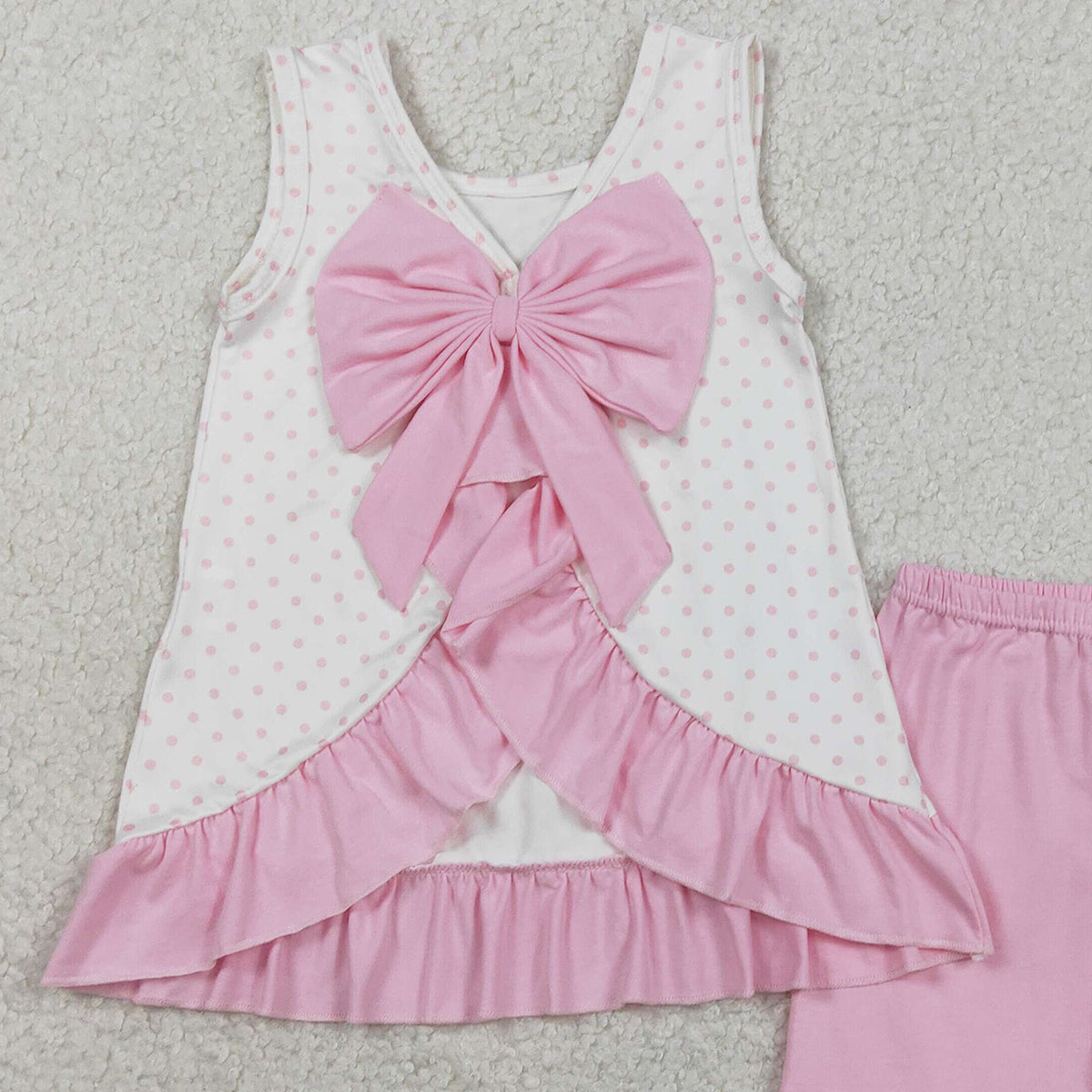 1.26 RTS NO MOQ （In stock）GSSO2884 Embroidery Golf Trucks Baby Girls Polka Dots Back Bow Tunic Ruffle Short Clothes Sets