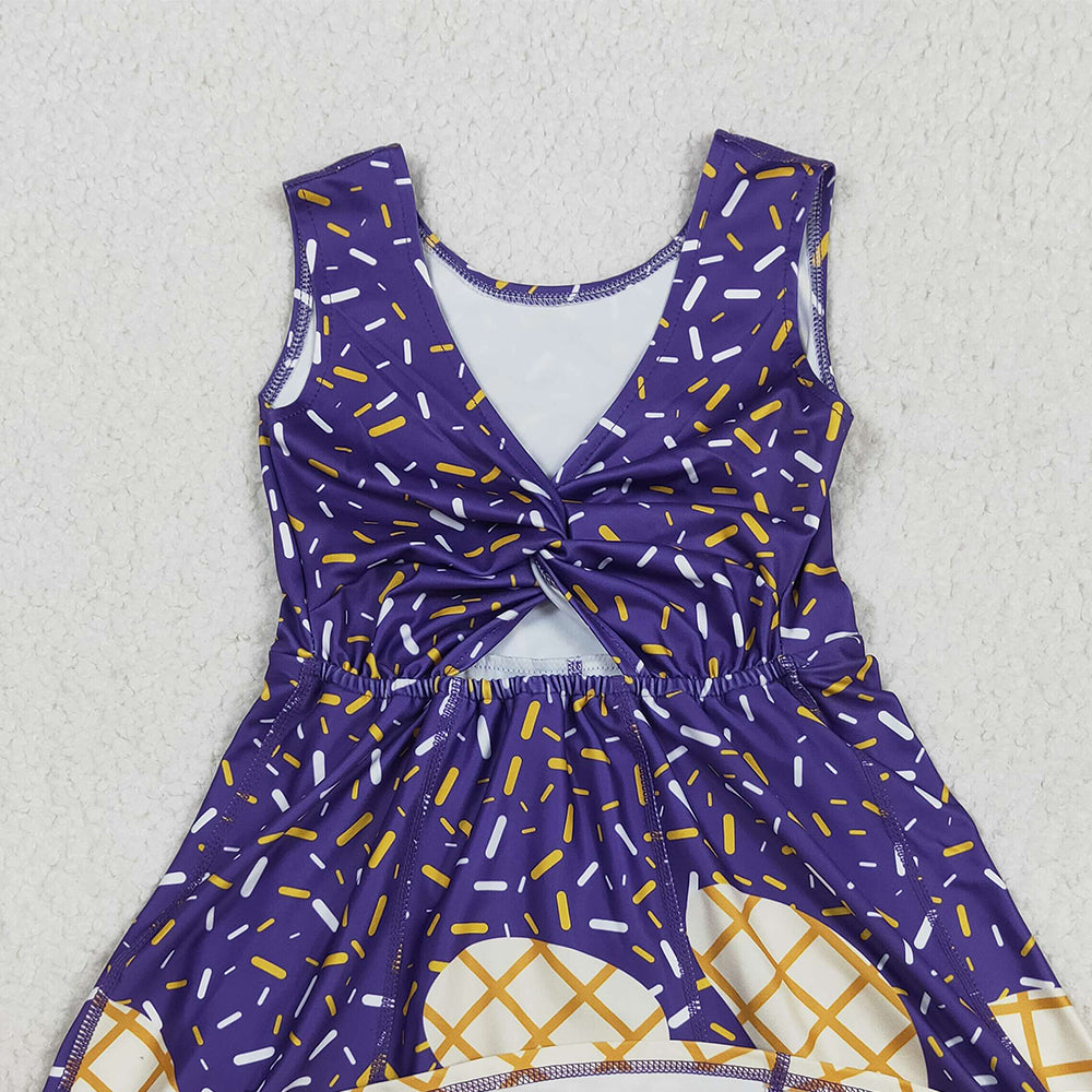 RTS NO MOQ （In stock）GSD2752 Baby Girls Summer Yoga Dress Baby Girls Purple Drip Sleeveless Shorts Team Yoga Active Knee Length Dresses