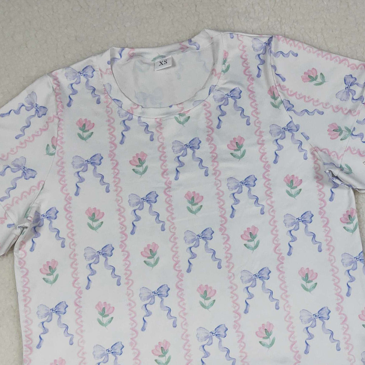 4.9 GSSO3405 RTS NO MOQ （In stock）Short sleeves floral bow top shorts adult women outfits