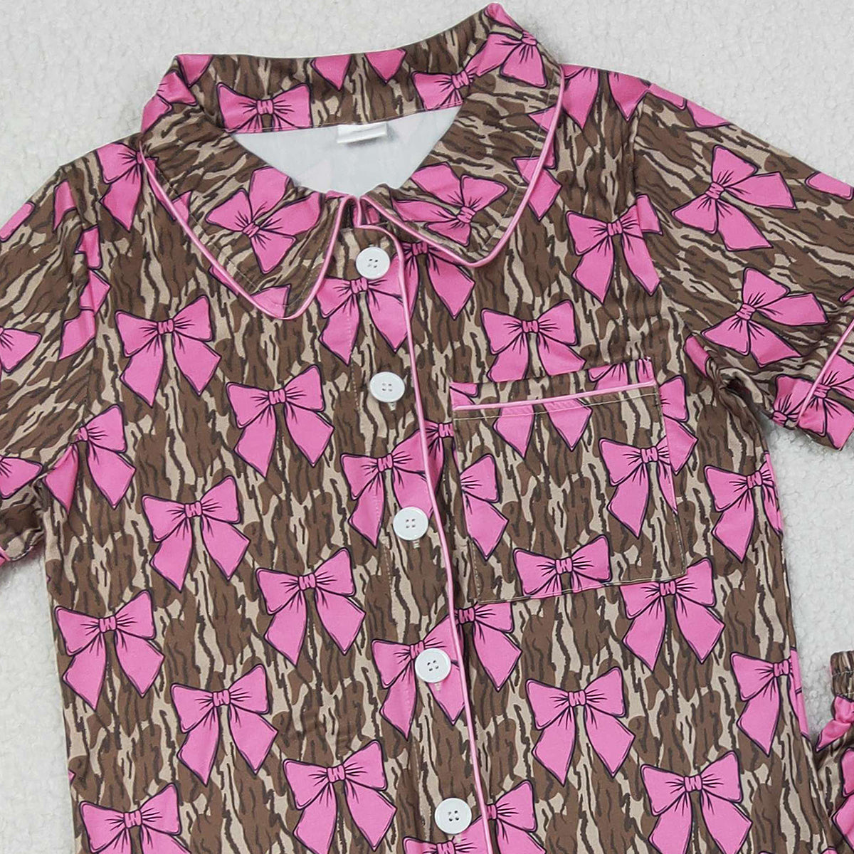 1.31 RTS NO MOQ （In stock）GSSO3137 Adult Women Southern Olive Camo Bows Button Pocket Top Ruffle Shorts Pajamas Set