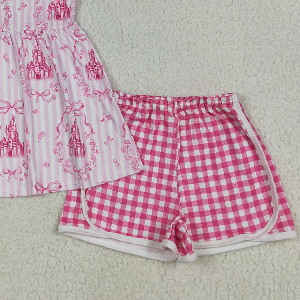 7.10 GSSO2582RTS NO MOQ Baby Girls Summer Outfits Baby Girls Pink Strap Castles Bows Tunic Plaid Short Set