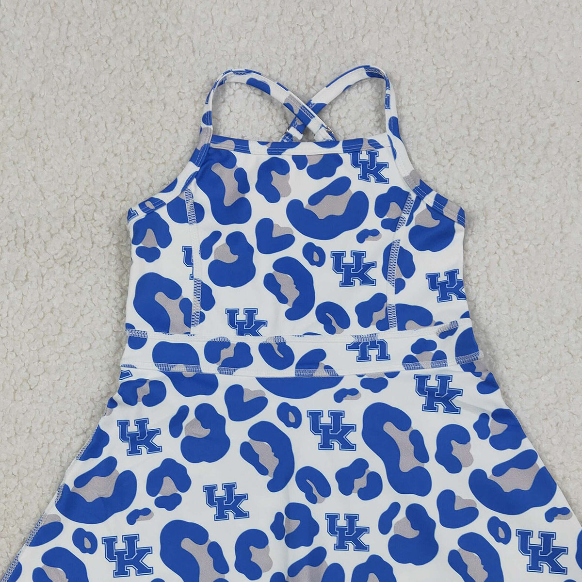 3.17 RTS NO MOQ （In stock）GSD3630 Kids Fashion Clothes Baby Girls Strap Blue Leopard UK Team Yoga Active Shorts Knee Length Dresses