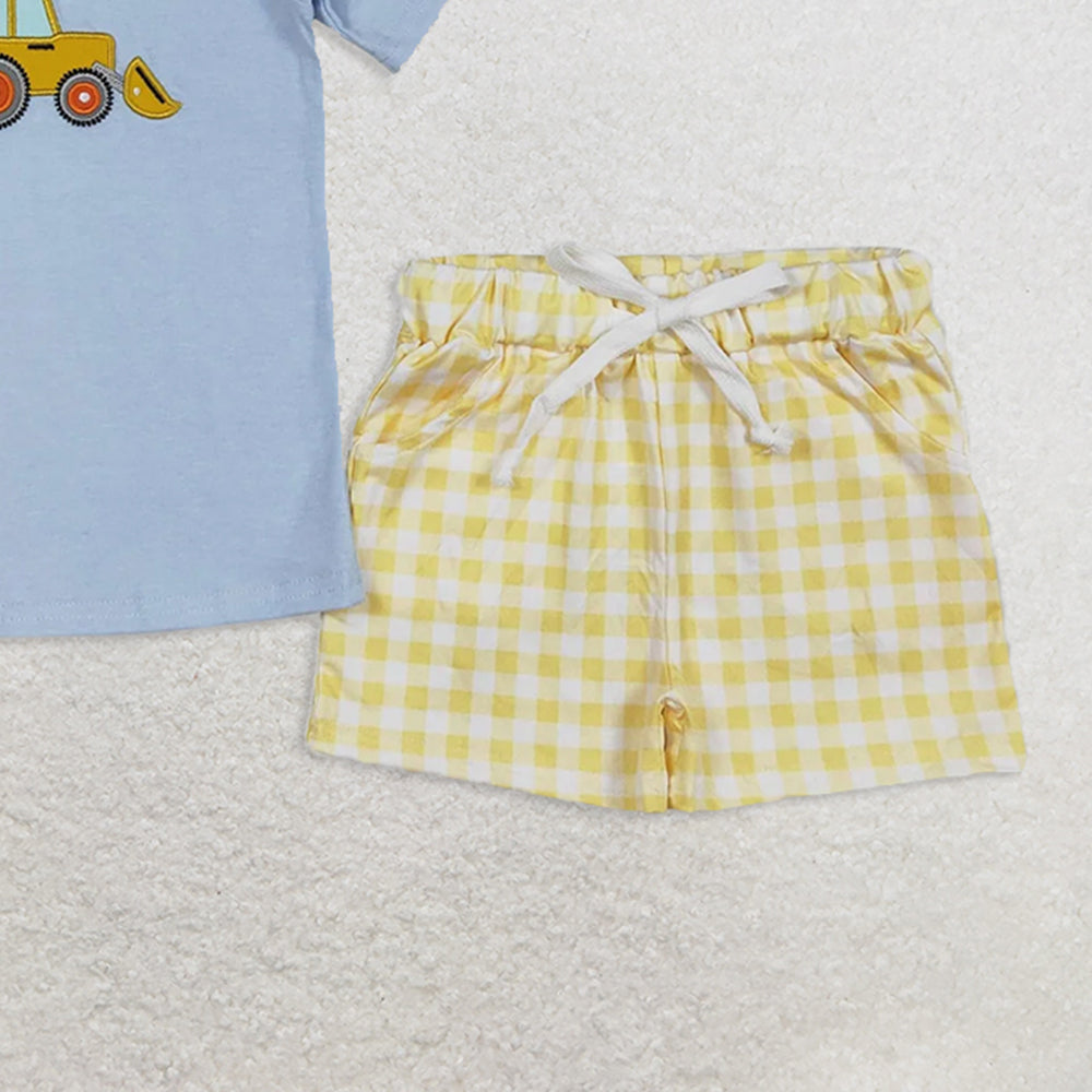 BSSO1117RTS NO MOQ Baby Boys Summer Boys Outfits Boys' Charming Short-Sleeved Light Blue Construction Clothes for Everyday