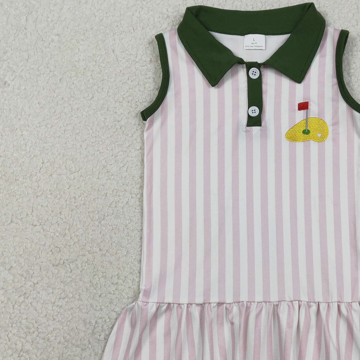 1.24 RTS NO MOQ （In stock）GSD3142 Embroidery Golf Flags Baby Girls Pink Stripe Button Knee Length Dresses