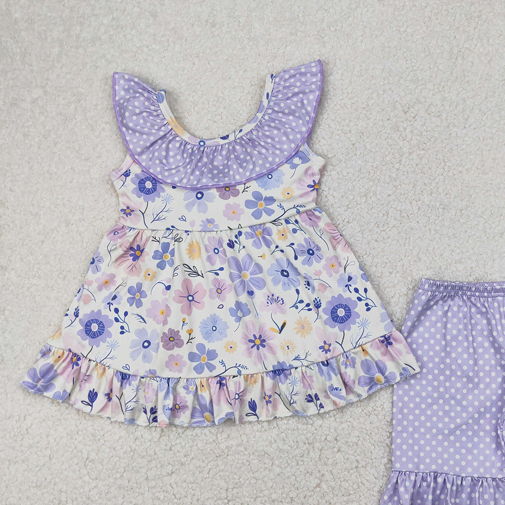 4.12 GSSO2306 RTS NO MOQ Baby Girls Summer Outfits  Polka dots ruffle floral tunic shorts girls clothing outfits