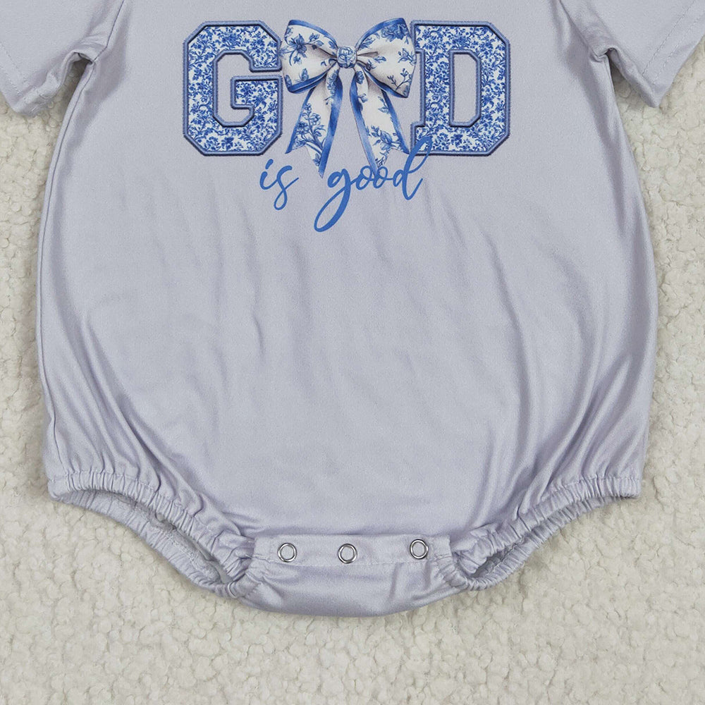 SR2772 RTS NO MOQ Baby Boys Summer Rompers Light Blue Floral Bow Baby Romper Short Sleeves 'God Is Good' Print Infant Outfit Casual Comfortable Clothing for Babies