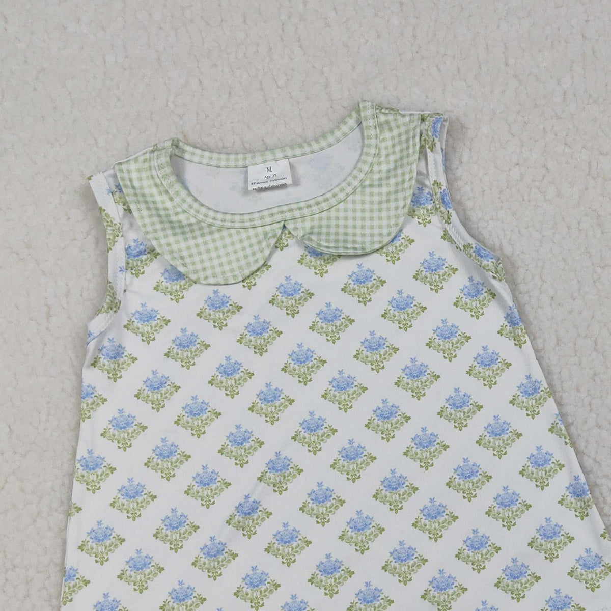 3.25 RTS NO MOQ （In stock）GSSO2850 Kids Clothing for Baby Girls Sleeveless Green Flowers Plaid Collar Tunic Ruffle Shorts Clothes Sets