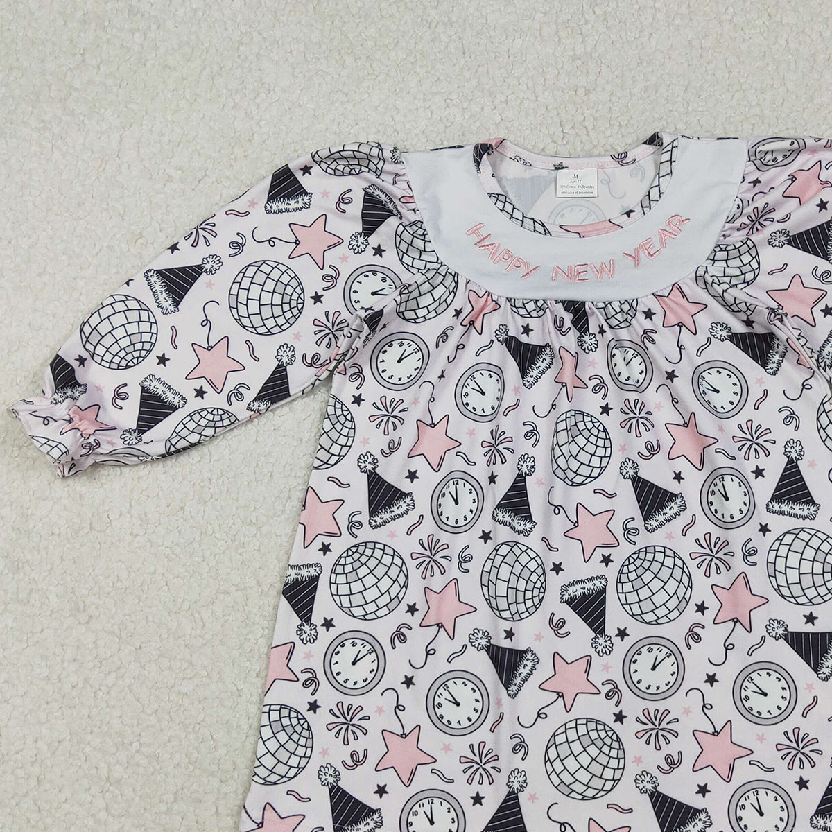 10.18 RTS NO MOQ （In stock）GLD1231 Baby Girls Winter Dress Embroidery Happy New Year Baby Girls Stars Firework Knee Length Dresses