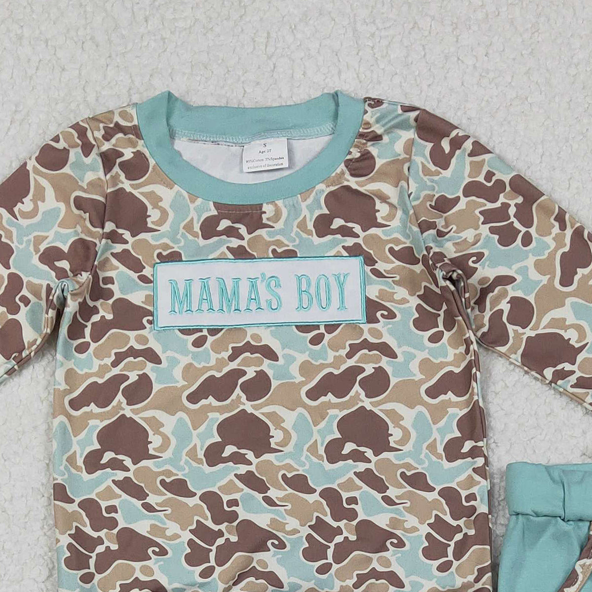 11.11 RTS NO MOQ （In stock）BLP1336 Embroidery Mama's Boy Green Camo Top Pockets Jogger Pants Clothes Sets