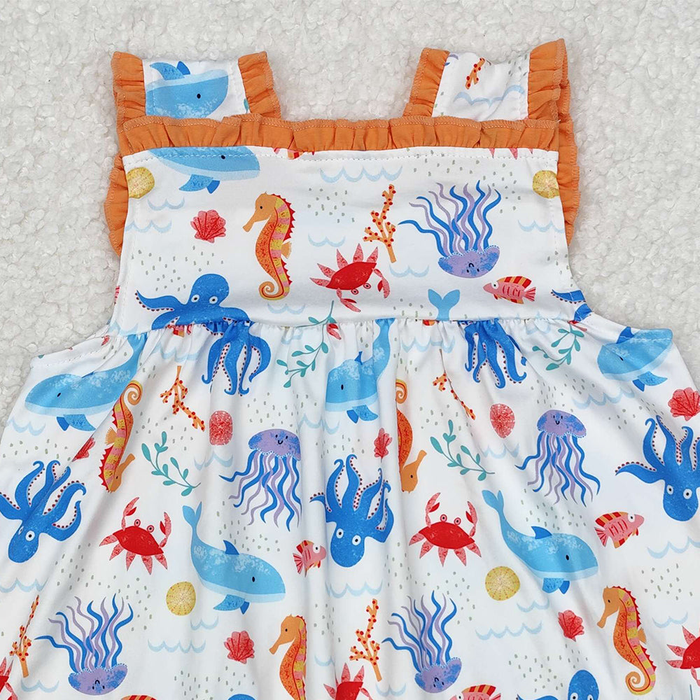 GSD1961Baby Girls Sleeveless Dress with Seahorse & Octopus Pockets Cute Sea Creature Print for Little Ones