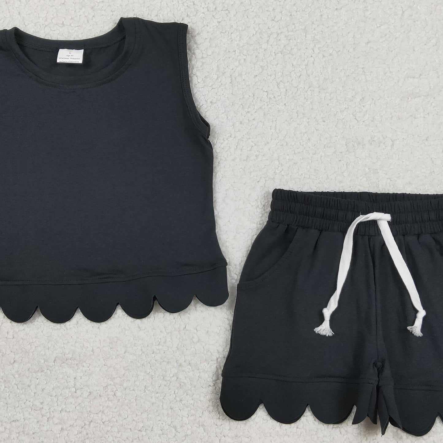 GSSO3733 RTS NO MOQ （In stock ）Sleeveless black scallop top shorts kids girls outfits