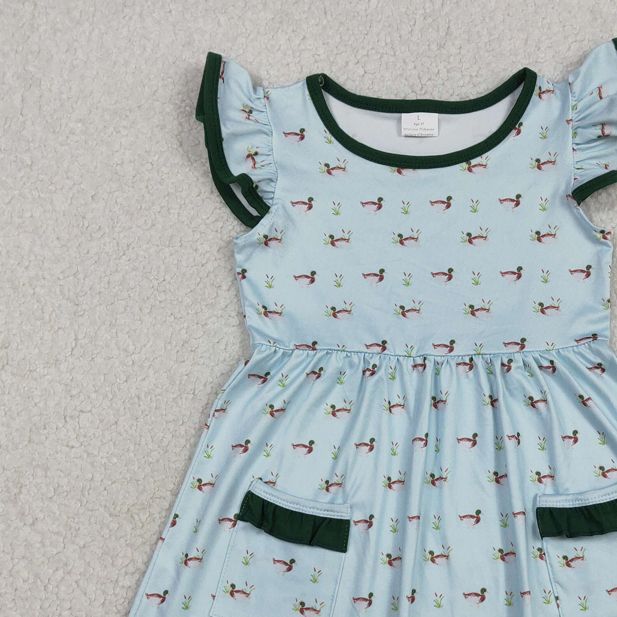 3.5 RTS NO MOQ （In stock）GSD3679 Kids Fashion Flutter Sleeve Ducks Pockets Hunting Knee Length Dress