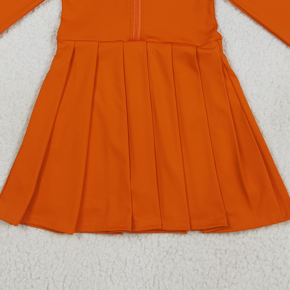 RTS NO MOQ （In stock）GLD1149 Baby Girls Yoga Dress Baby Girls Orange Long Sleeves Zipper Knee Length Dresses