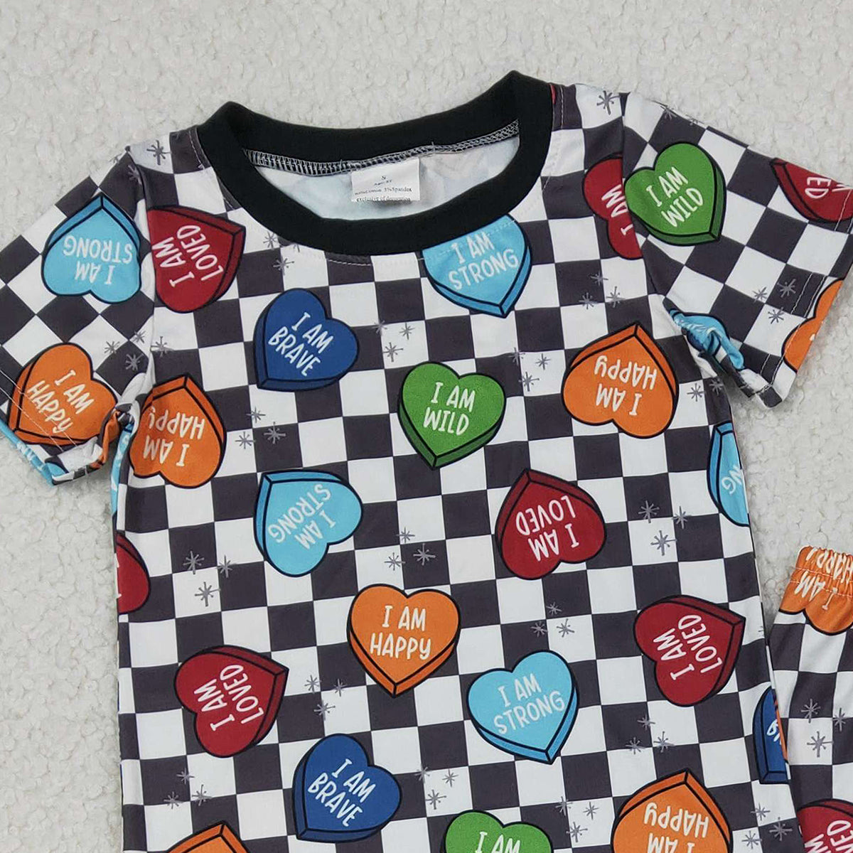 12.16 RTS NO MOQ （In stock）BSPO0490 Baby Boys Black Checked Hearts Top Pants Valentines Pajamas Sets