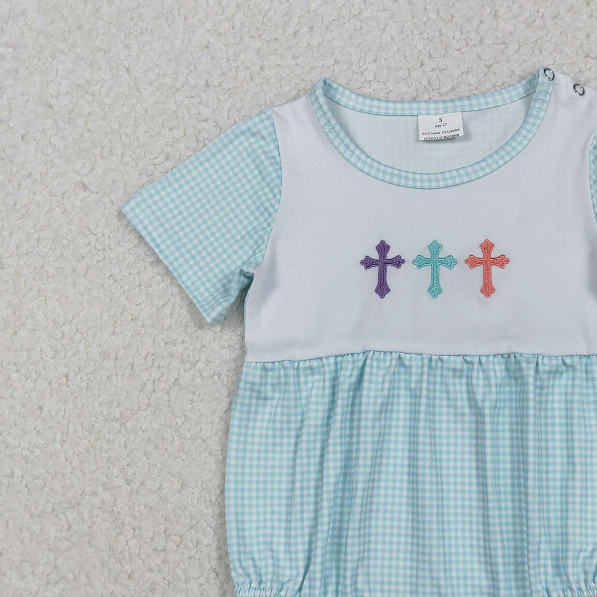 11.8 RTS NO MOQ （In stock）SR3215 Baby Boys Summer Rompers Embroidery Crosses Baby Boys Blue Checked Short Sleeve Easter Rompers